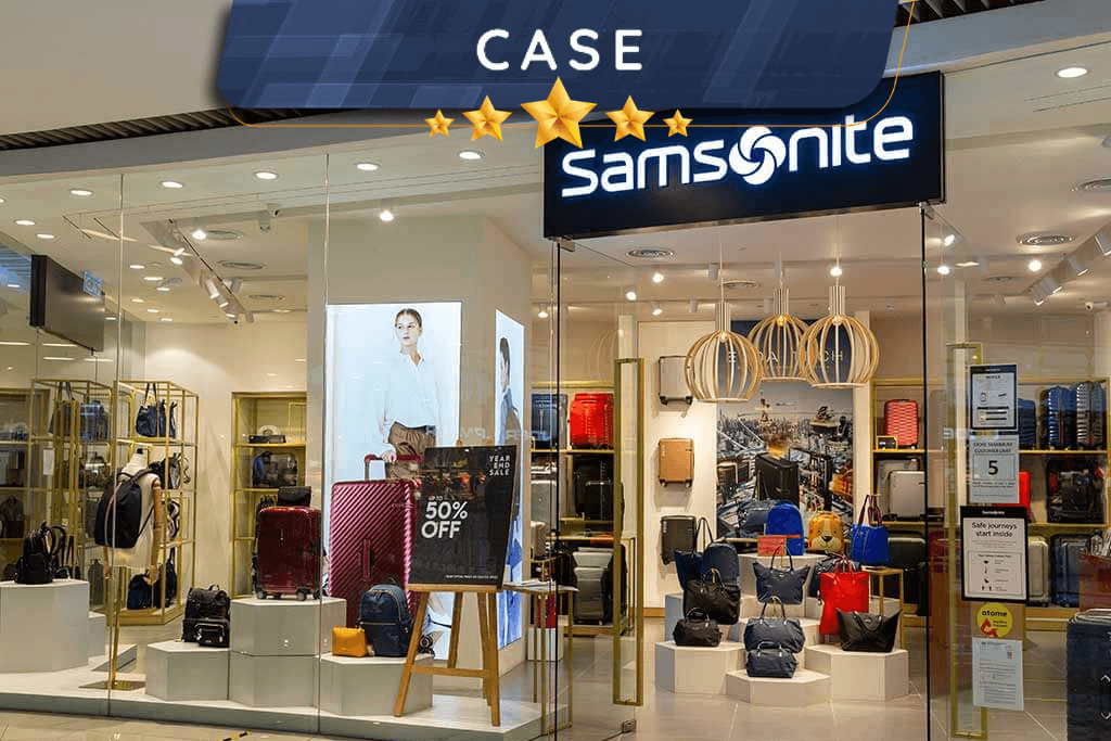 Integra&ccedil;&atilde;o SAP. Fachada de uma loja Samsonite com vitrine e interior vis&iacute;veis, destacando o letreiro grande sobre a porta.