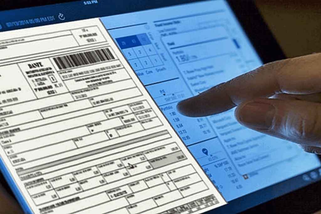 Mensageria de documentos fiscais. Tela de tablet mostrando nota fiscal eletr&ocirc;nica com ERP ao fundo e m&atilde;o selecionando op&ccedil;&otilde;es.