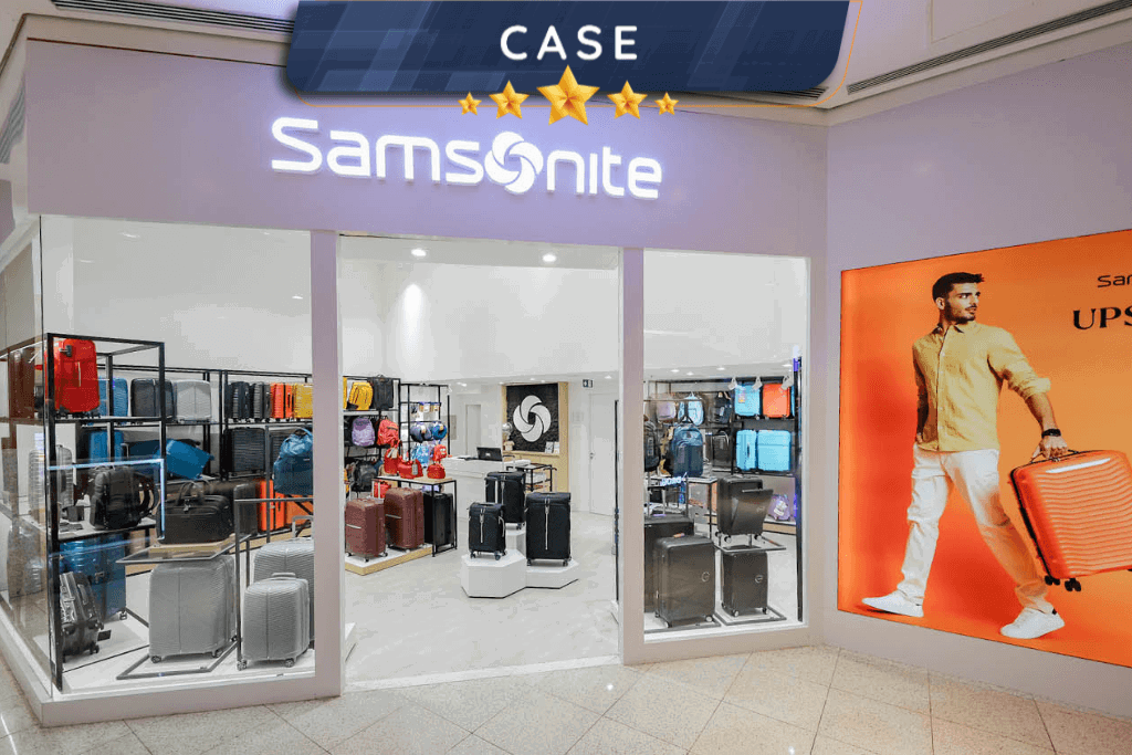 Fachada da loja Samsonite com logo, destacando a implementa&ccedil;&atilde;o do SAP NFSe Inbound.