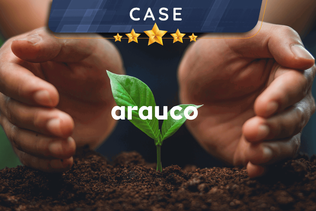 Imagem ilustrativa muda de &aacute;rvore em solo f&eacute;rtil com logo da Arauco; representa compromisso com sustentabilidade e inova&ccedil;&atilde;o na gest&atilde;o de compras.