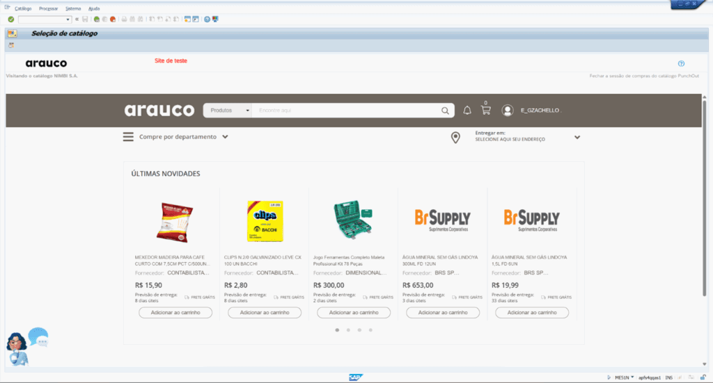 Tela do sistema SAP Ariba mostrando interface de sele&ccedil;&atilde;o de cat&aacute;logo com imagens de produtos dispon&iacute;veis para compra. Integra&ccedil;&atilde;o SAP Ariba na Arauco para key users.