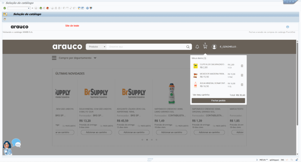 Tela do sistema SAP Ariba mostrando interface de sele&ccedil;&atilde;o de cat&aacute;logo com imagens de o carrinho de compras. Integra&ccedil;&atilde;o SAP Ariba na Arauco para key users.